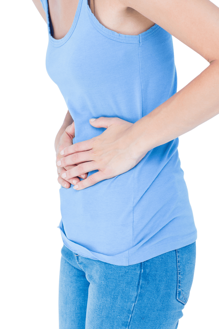 Transparent Woman Holding Stomach in Discomfort