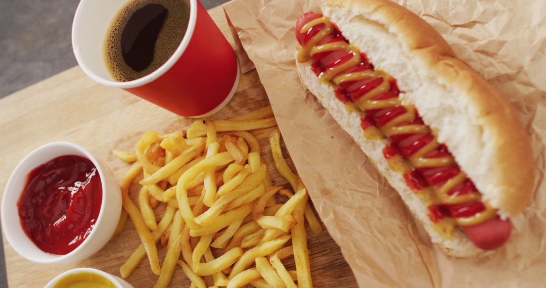 Image of hot dog with mustard, ketchup and chips on a black surface - Free Images, Stock Photos and Pictures on Pikwizard.com