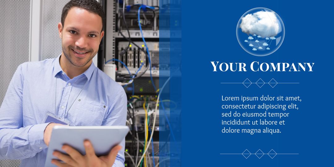 Smiling Technician Promoting Cloud Services with Tablet