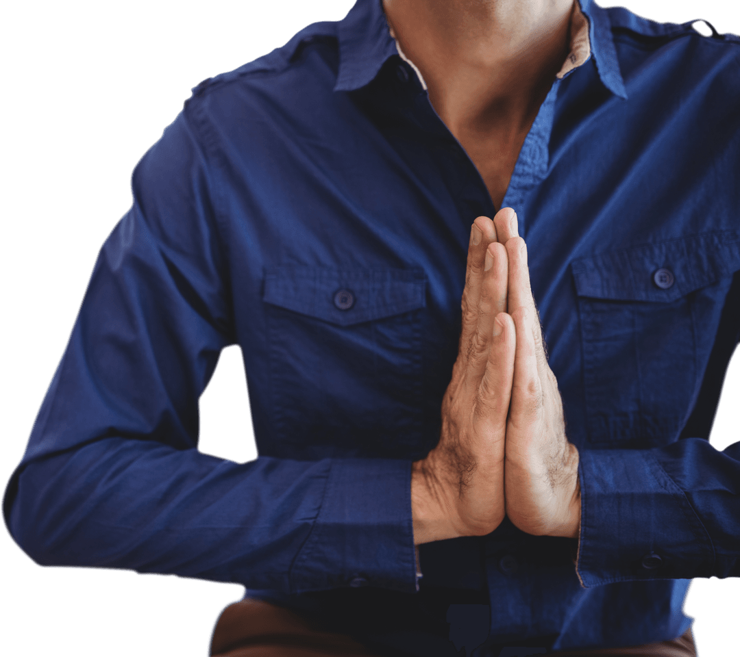 Man Meditating in Blue Shirt with Praying Hands Gesture on Transparent Background