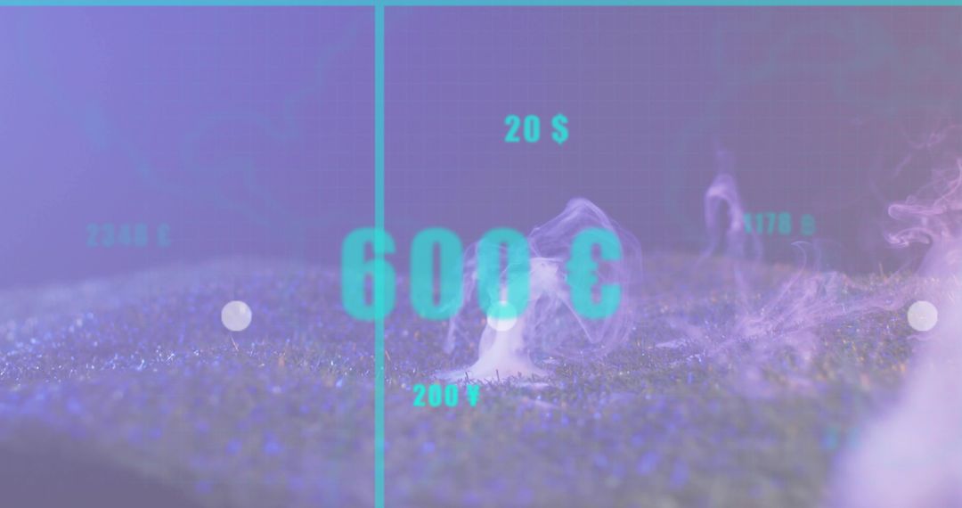 Floating turquoise 600 € numeral over neon grassy turf with cyan HUD divider, smoke