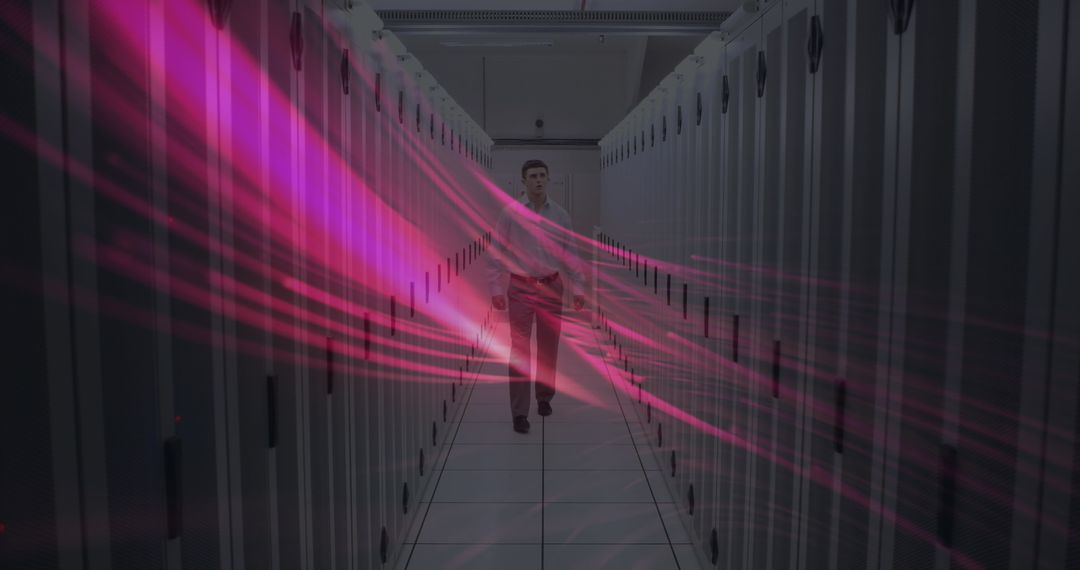 Person Walking in Data Center with Digital Effects