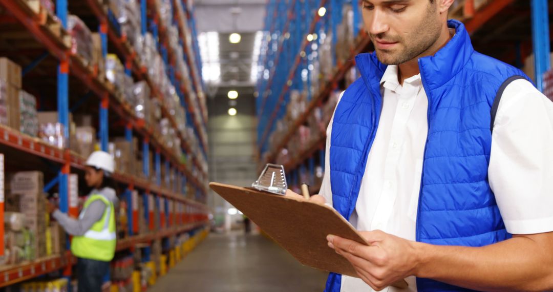 Warehouse Worker Taking Inventory with Clipboard in Storage Facility - Free Images, Stock Photos and Pictures on Pikwizard.com