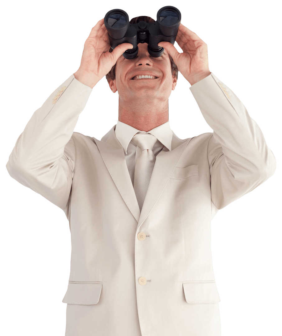 Smiling Caucasian Businessman Using Binoculars on Transparent Background