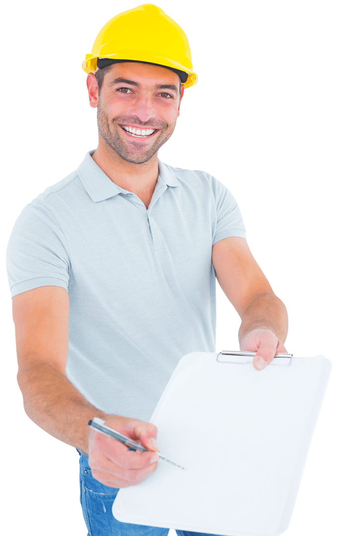 Transparent Portrait of Male Inspector Offering Clipboard