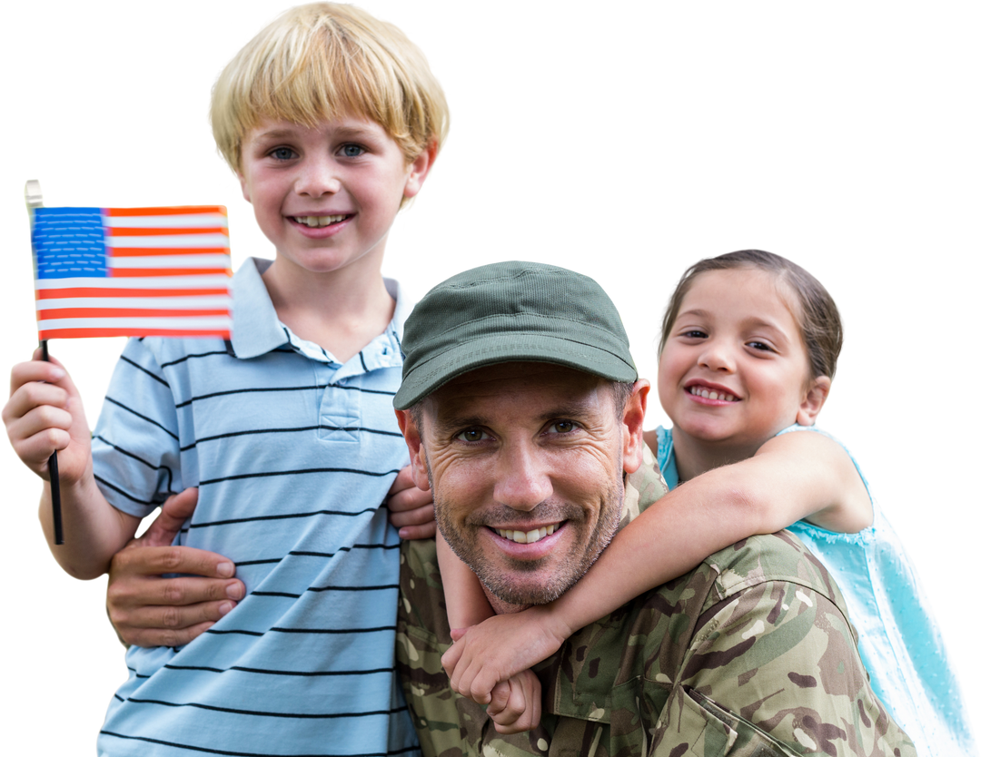 Happy Soldier with Kids Holding USA Flag. Transparent Background Photo of Family Patriotism - Download Free Stock Images Pikwizard.com