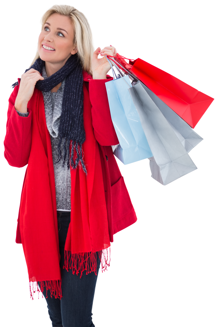 Blonde Woman in Winter Clothes Holding Shopping Bags with Transparent Background - Download Free Stock Images Pikwizard.com