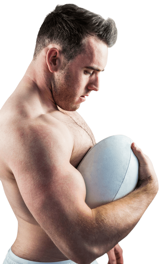 Shirtless Rugby Player Holding Ball in Transparent Background