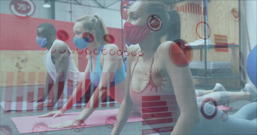 Gym Participants Stretching with Pandemic Indicators Overlay