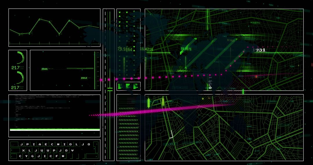 Futuristic data processing interface in digital grid matrix