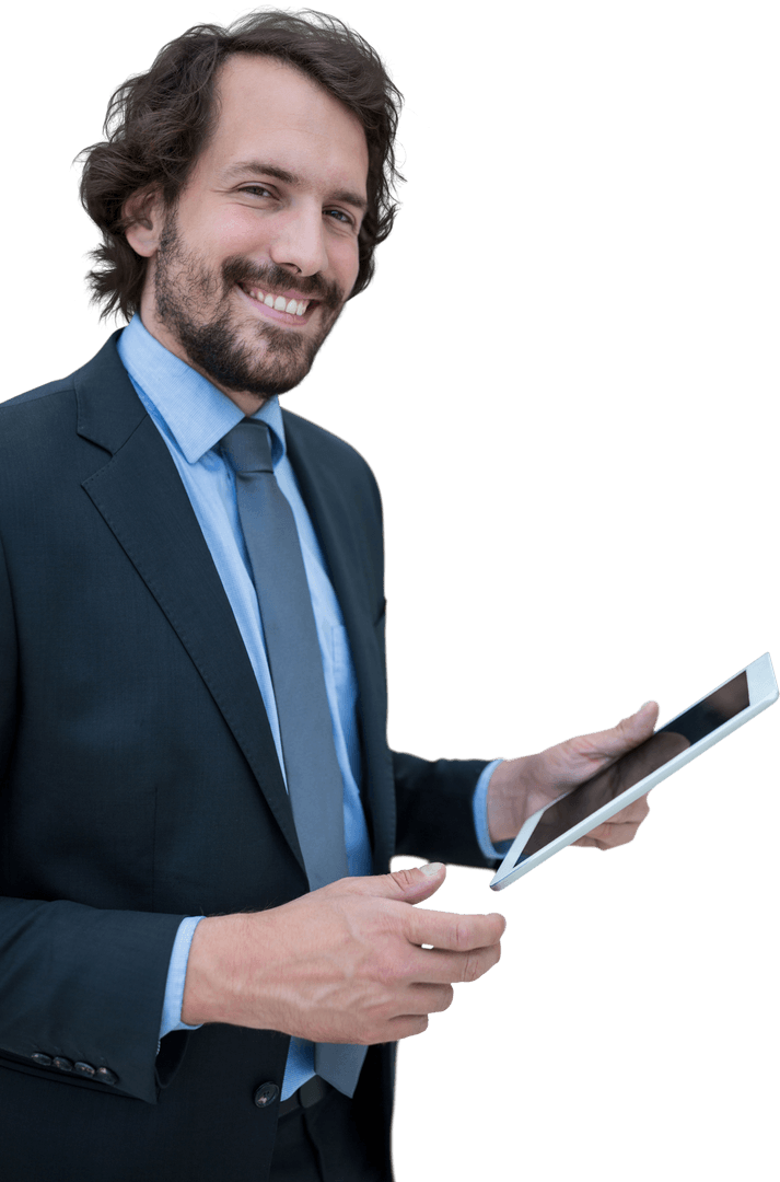 Transparent Confident Businessman Holding Tablet Technology
