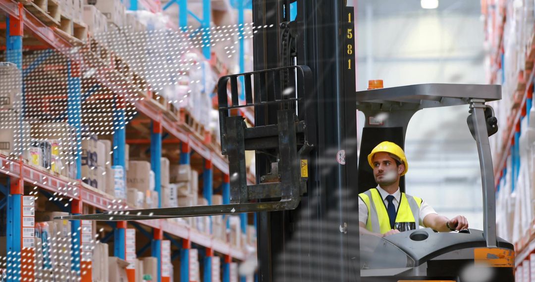 Operating forklift navigating warehouse aisles, hi-vis operator managing pallet racking