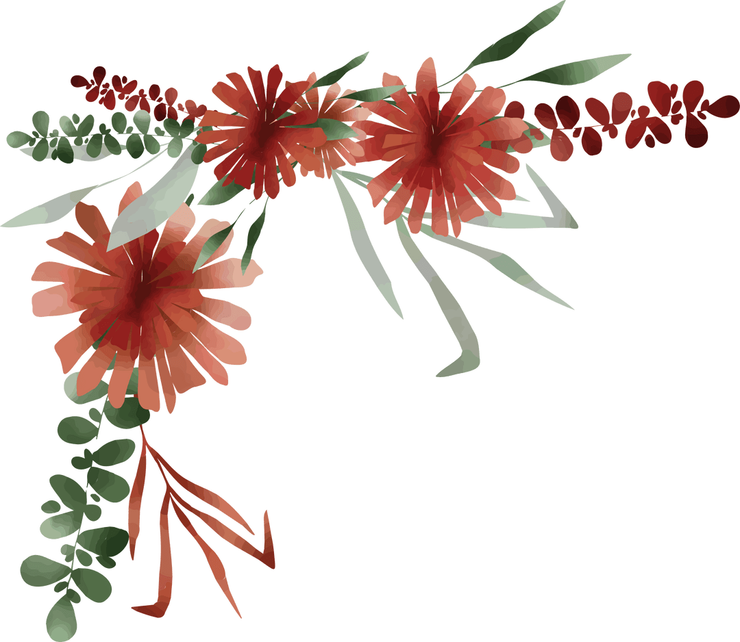 Transparent Corner Red Flower and Eucalyptus Watercolor Arrangement