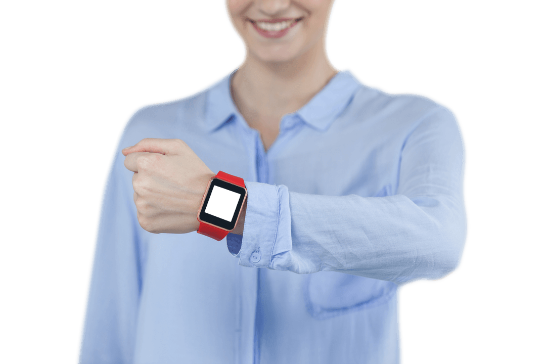 Caucasian Woman Featuring Red Smartwatch on Transparent Quiet Background