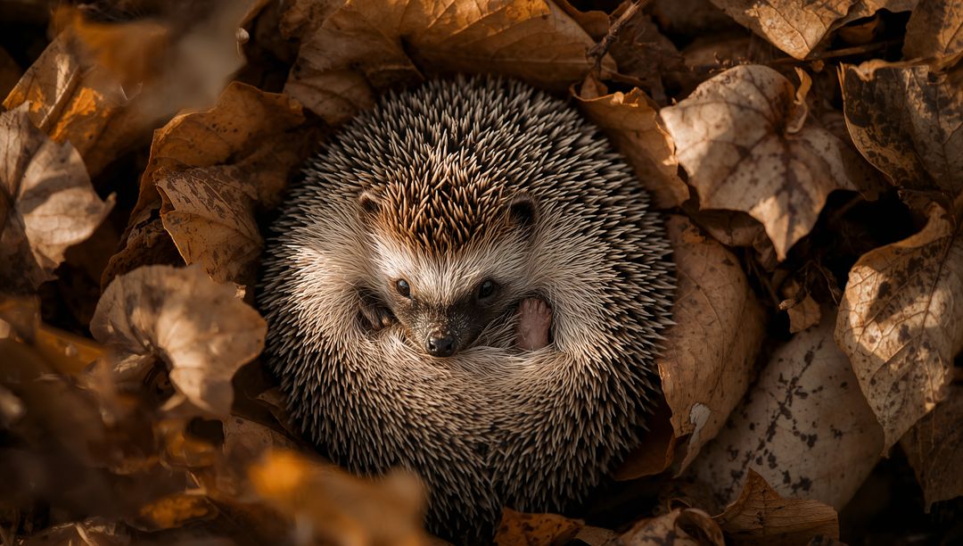 Curled Hedgehog Nesting in Autumn Leaves Showing Quills, Snout and Textured Spines