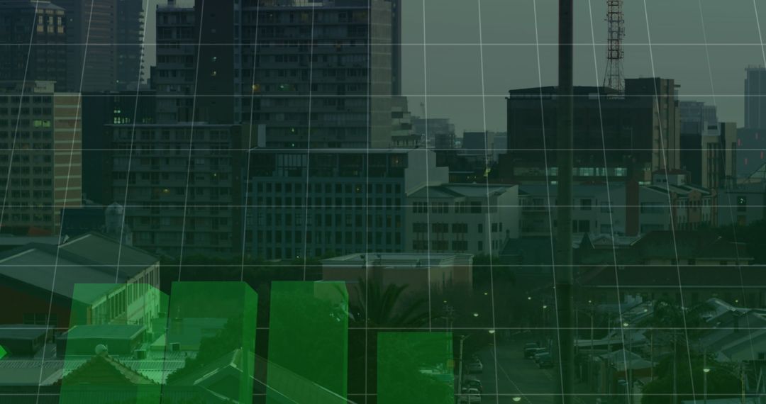 Financial Data Overlay on Cityscape Representing Economic Growth