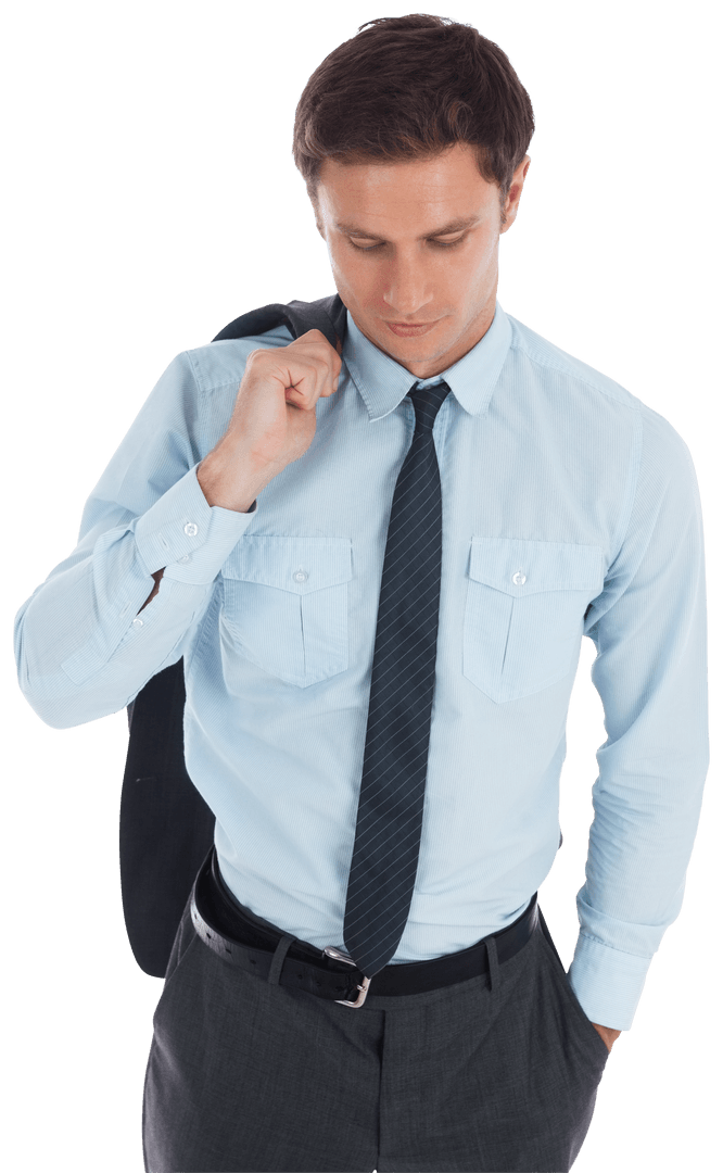 Transparent Businessman Holding Jacket Over Shoulder with Serious Expression