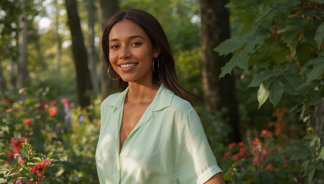 Young Woman Enjoying Calmness in Blooming Garden Atmosphere