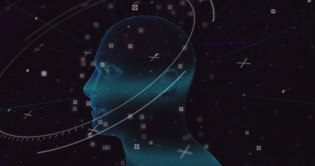 Futuristic Wireframe Head with Data Visualization Elements