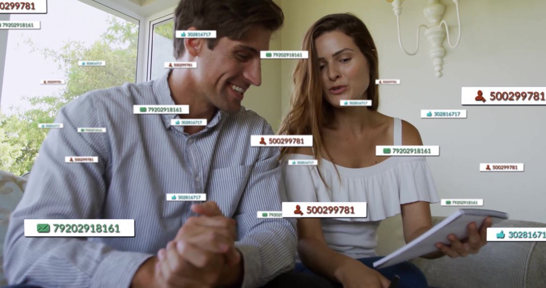 Couple Analyzing Data with Digital Overlays at Home Interior