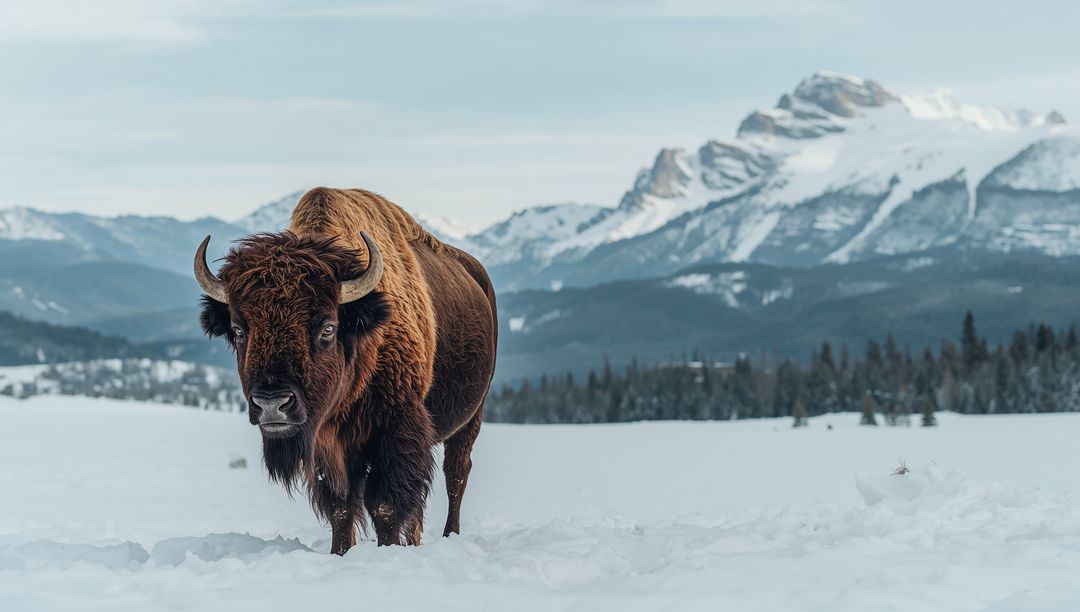 Majestic American Bison Standing on Snowfield with Snow-Capped Mountain Range Backdrop
