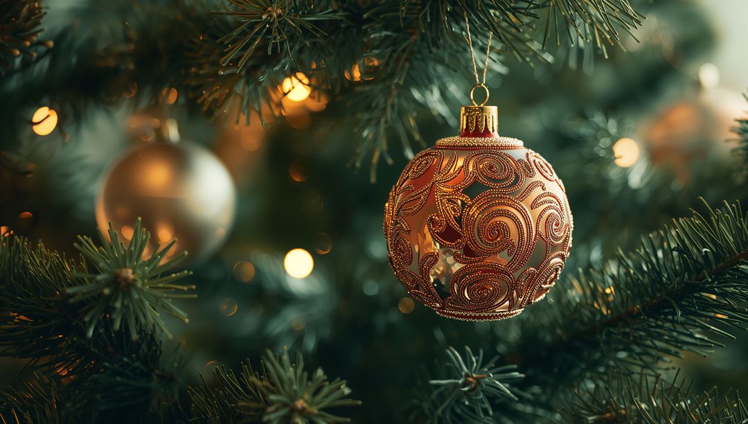 Festive Red and Gold Ornament on Pine Tree