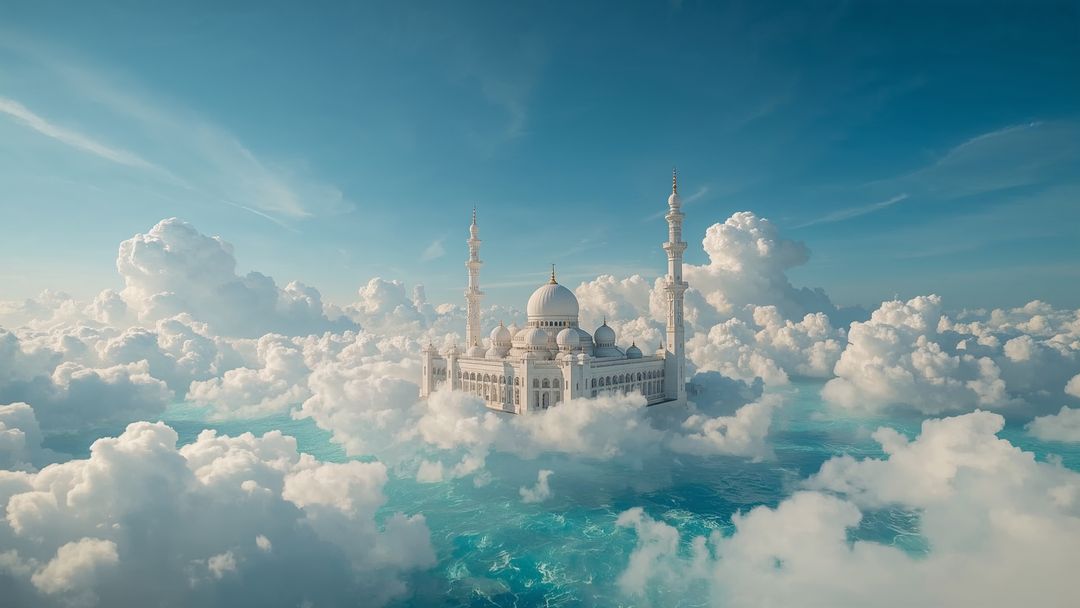 Ethereal Mosque Floating Among Clouds Above Turquoise Waters