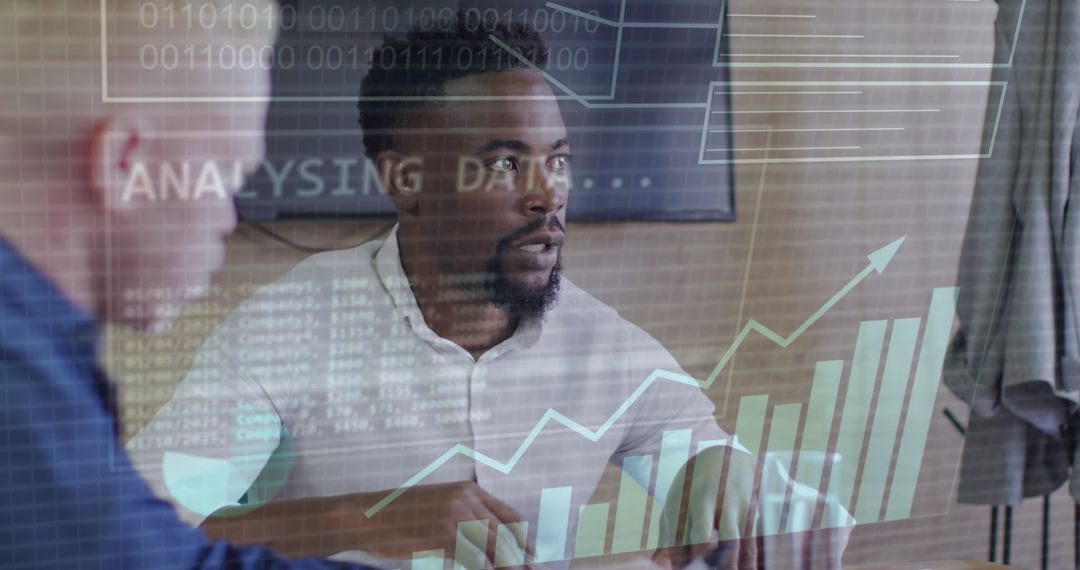 Data Experts Analyzing Graphs with Digital Overlay in Office