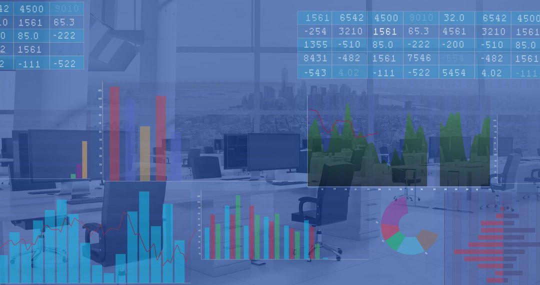 Displaying Financial Data Overlay on Modern Open-Plan Office with Cityscape View