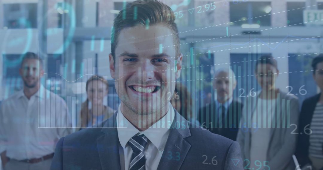 Smiling Businessman Surrounded by Digital Financial Graphics