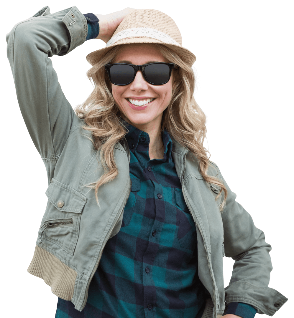 Cheerful Woman in Sunglasses with Hat on Transparent Background