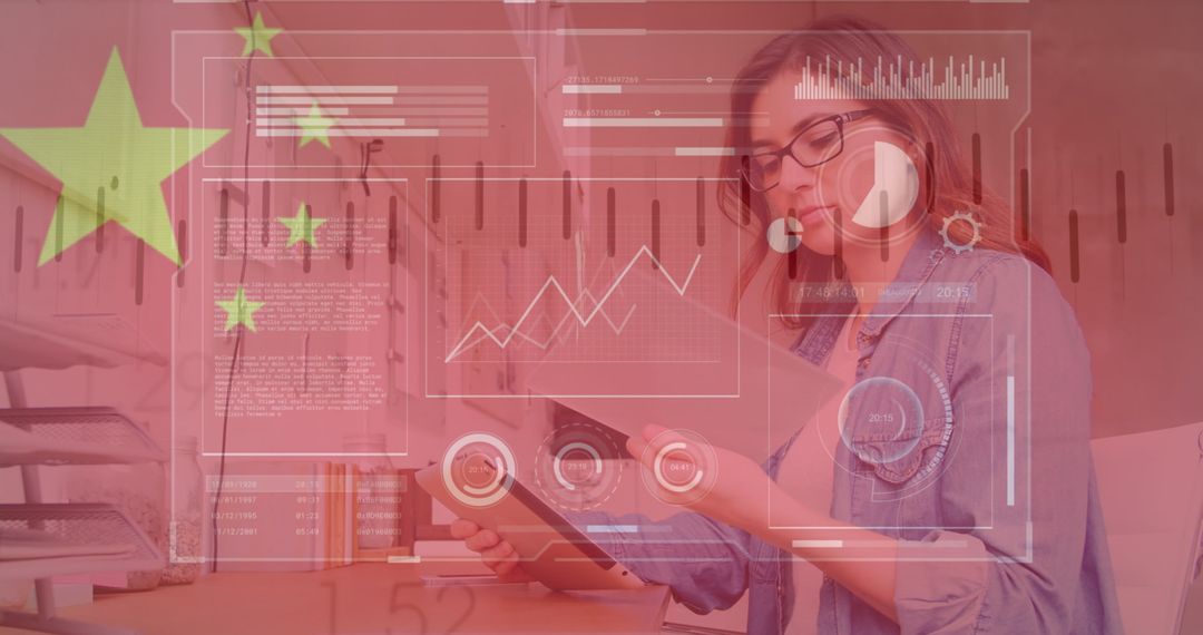 Caucasian Businesswoman Analyzing Data with Chinese Flag Overlay