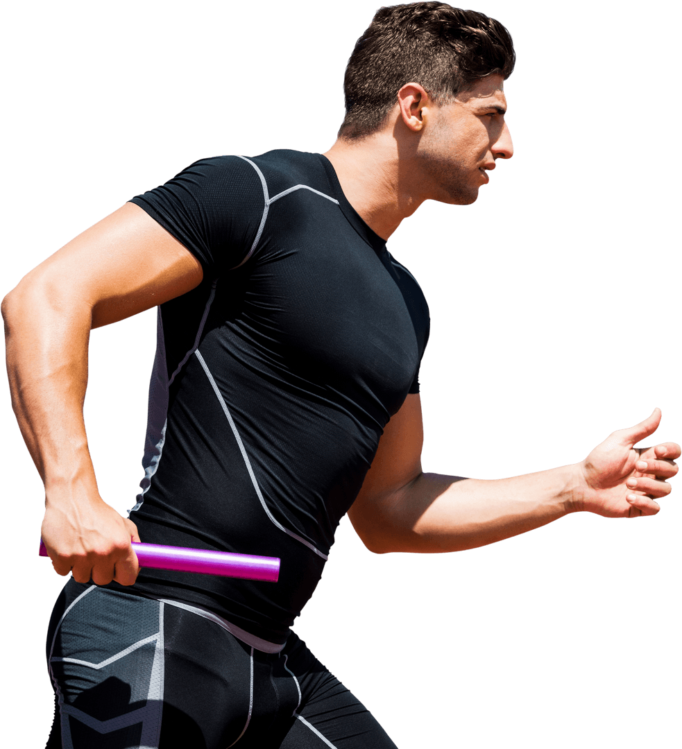 Caucasian Athlete Running with Baton on Transparent Background