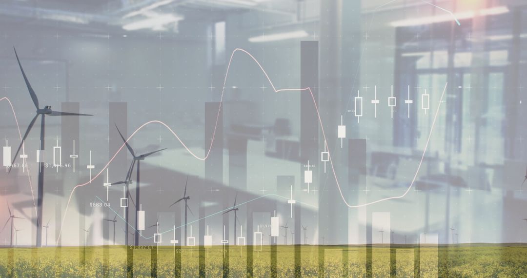 Wind Turbines with Financial Charts Overlay on Modern Corporate Office