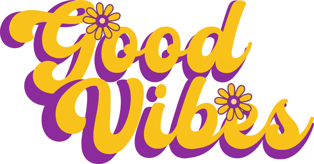 Retro Flat Design Good Vibes Text with Daisy Accents on Transparent Background