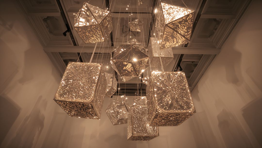 Illuminated Geometric Sculptures Hanging in a Contemporary Art Space
