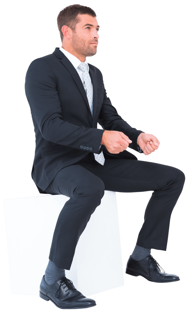 Focused Businessman Sitting with Gestures on Transparent Background