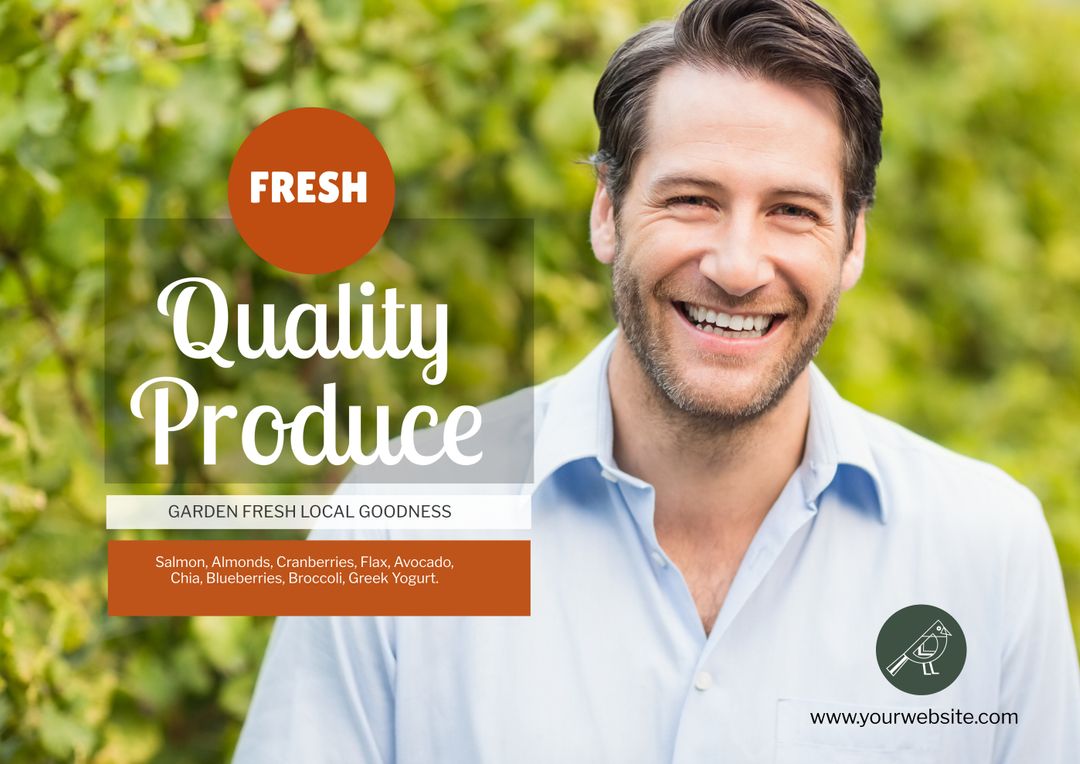 Smiling Man Promoting Fresh Produce in Natural Green Backdrop
