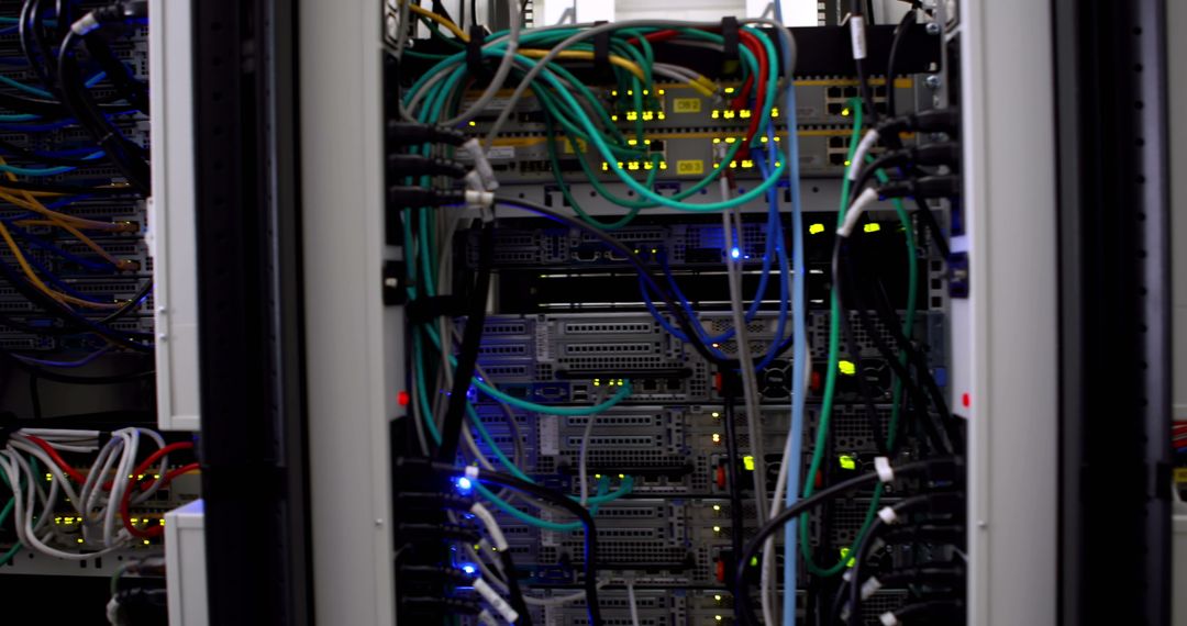 High-Tech Server Room with Colorful Cable Connections
