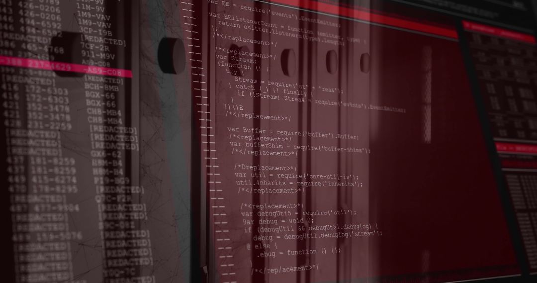 Computer with Coding Panels in Red-Tinted Tech Environment