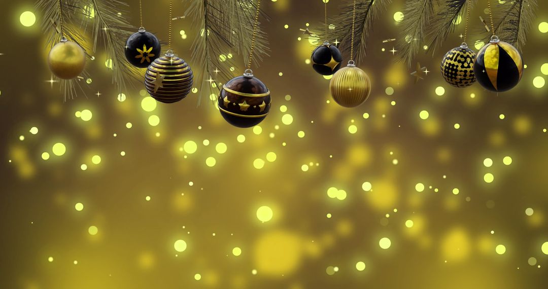 Golden Christmas Ornaments on Pine Branch with Bokeh Lights - Free Images, Stock Photos and Pictures on Pikwizard.com