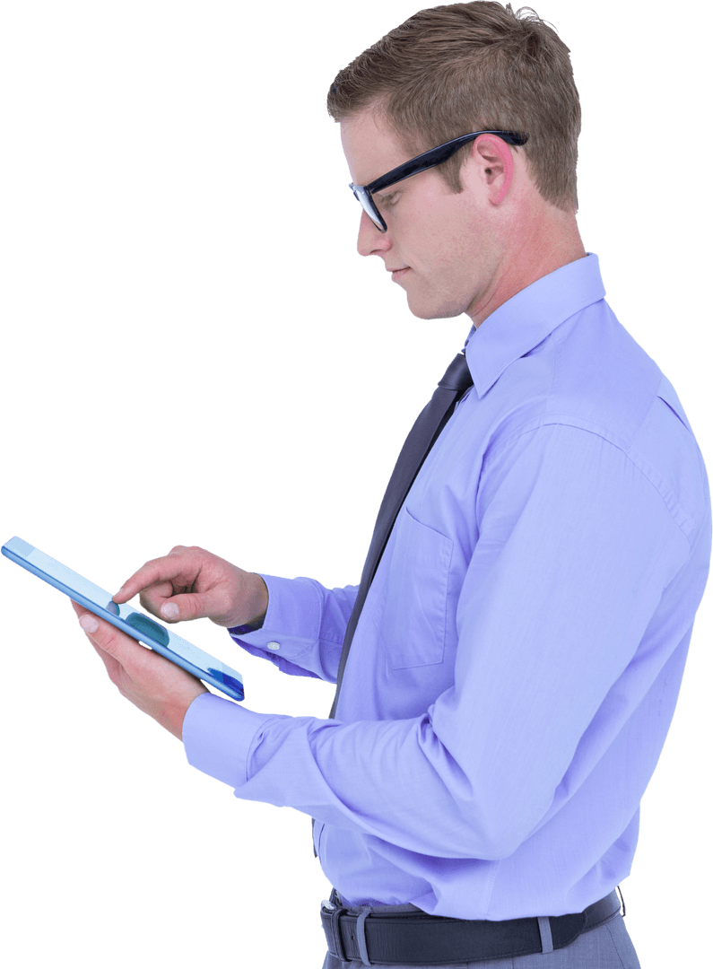 Businessman with Glasses Using Tablet Side View Transparent Background