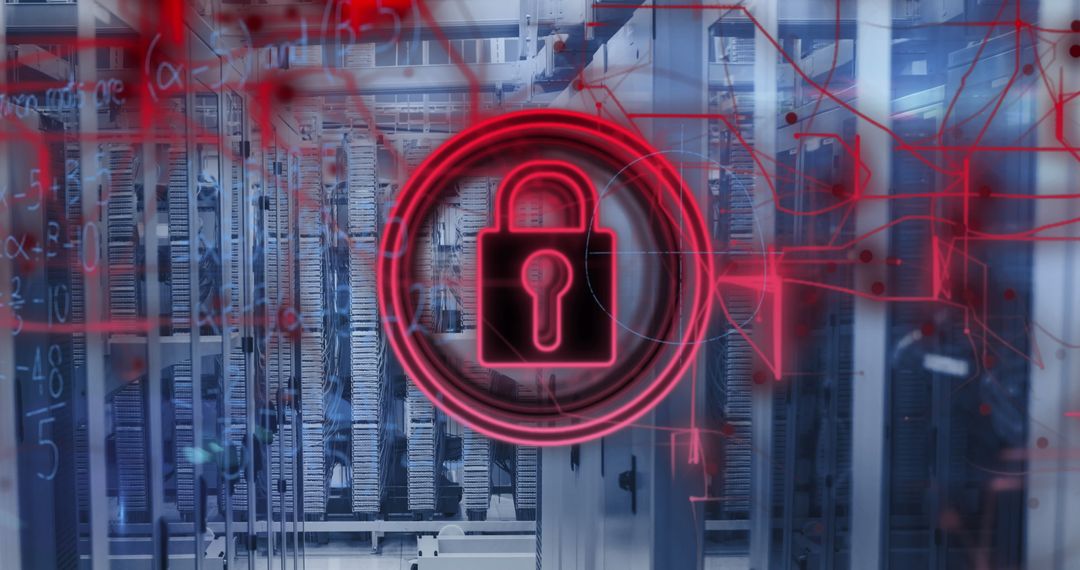 Data Security Concept with Padlock and Server Room Overlay
