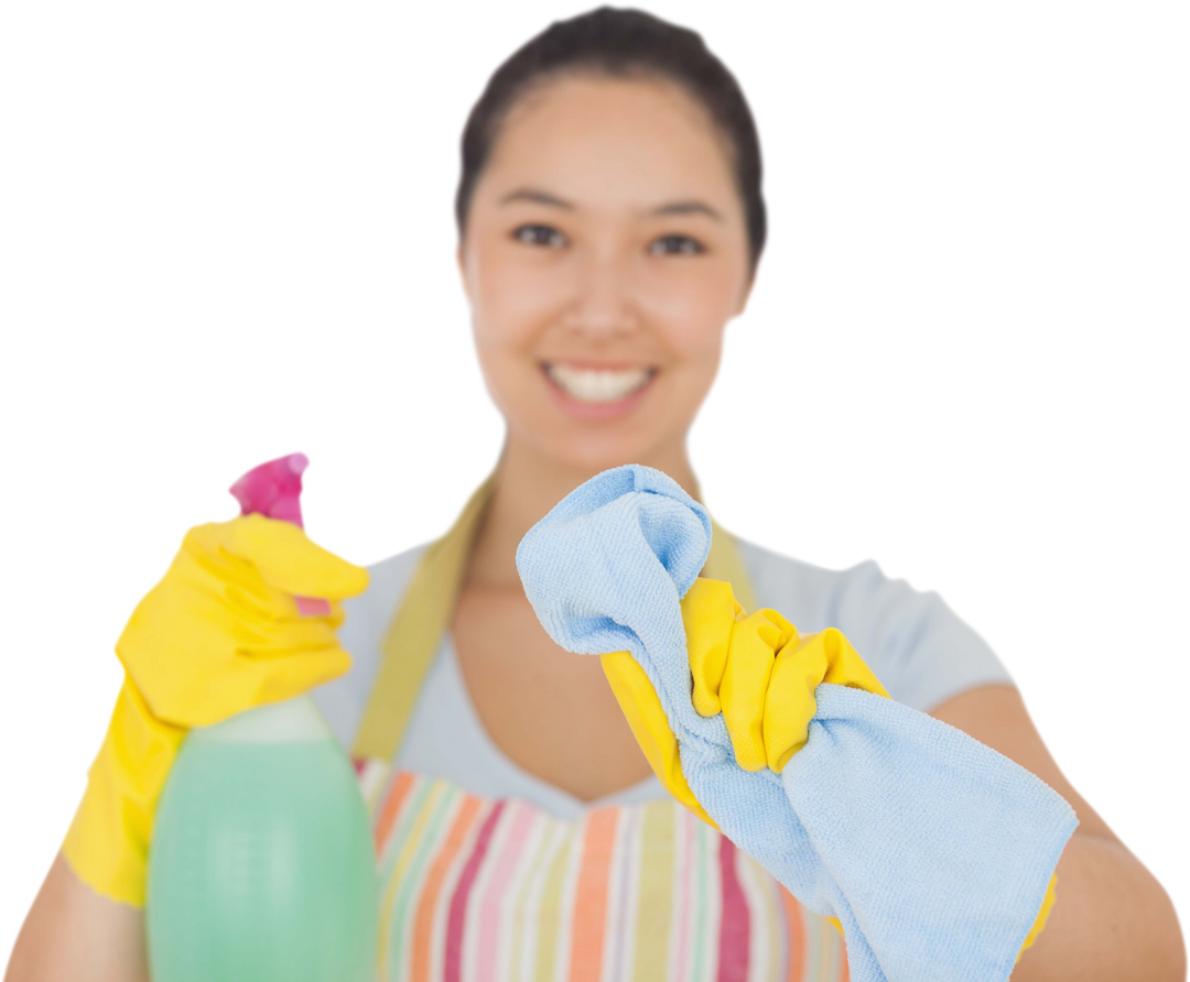 Smiling Woman Wearing Apron Cleaning with Spray Bottle and Cloth Transparent Background - Download Free Stock Images Pikwizard.com