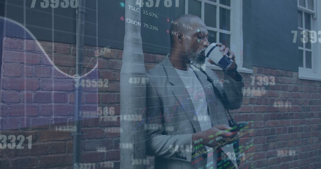 Businessman Analyzing Data on Smartphone with Financial Overlay