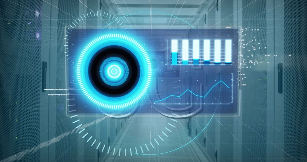 High-Tech Virtual Data Interface Display in Server Room