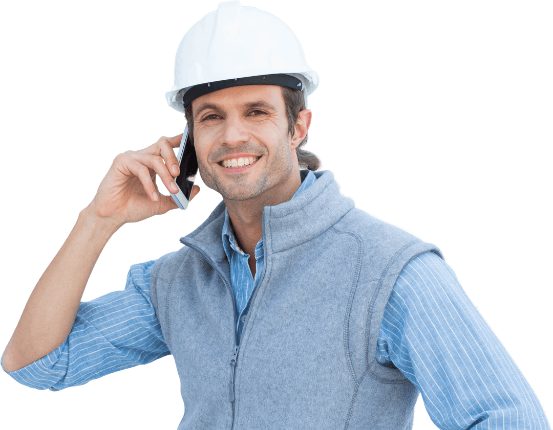 Smiling Architect Communicating on Mobile in Transparent Background