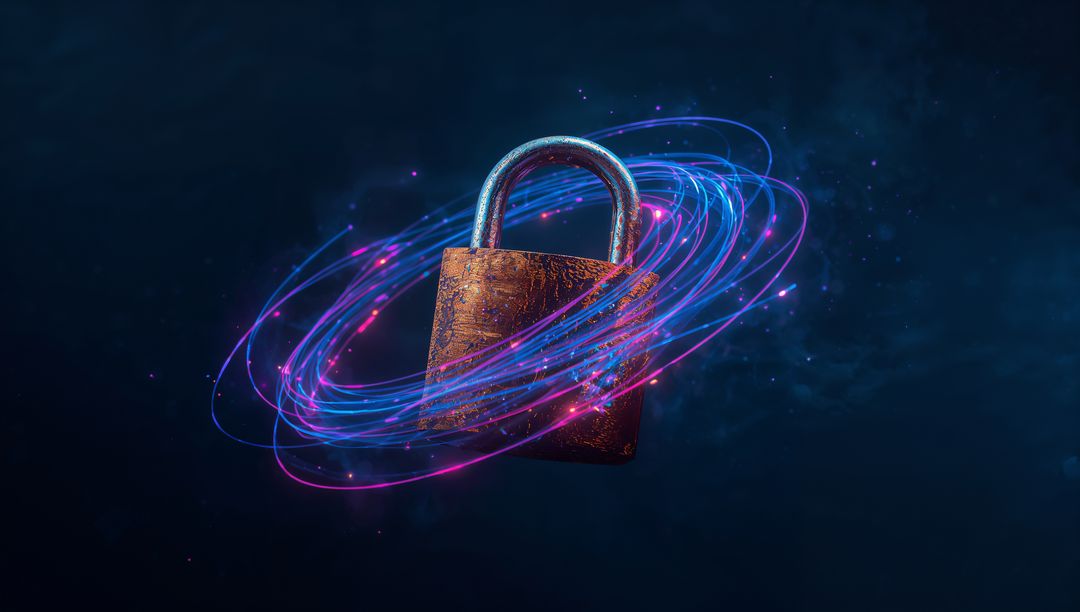 Rusted Padlock with Futuristic Neon Light Trails Against Dark Background
