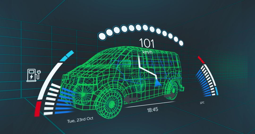 Futuristic Electric Vehicle Dashboard Displaying Speed and Battery Status