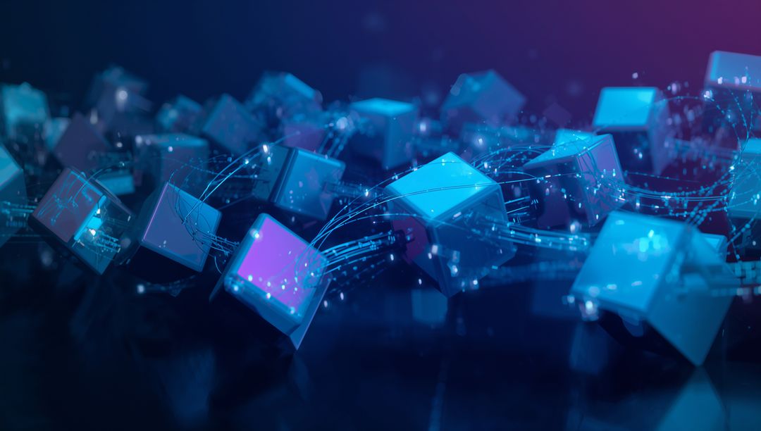 Translucent glowing cubes flowing and linking in neon data network with streaming particles